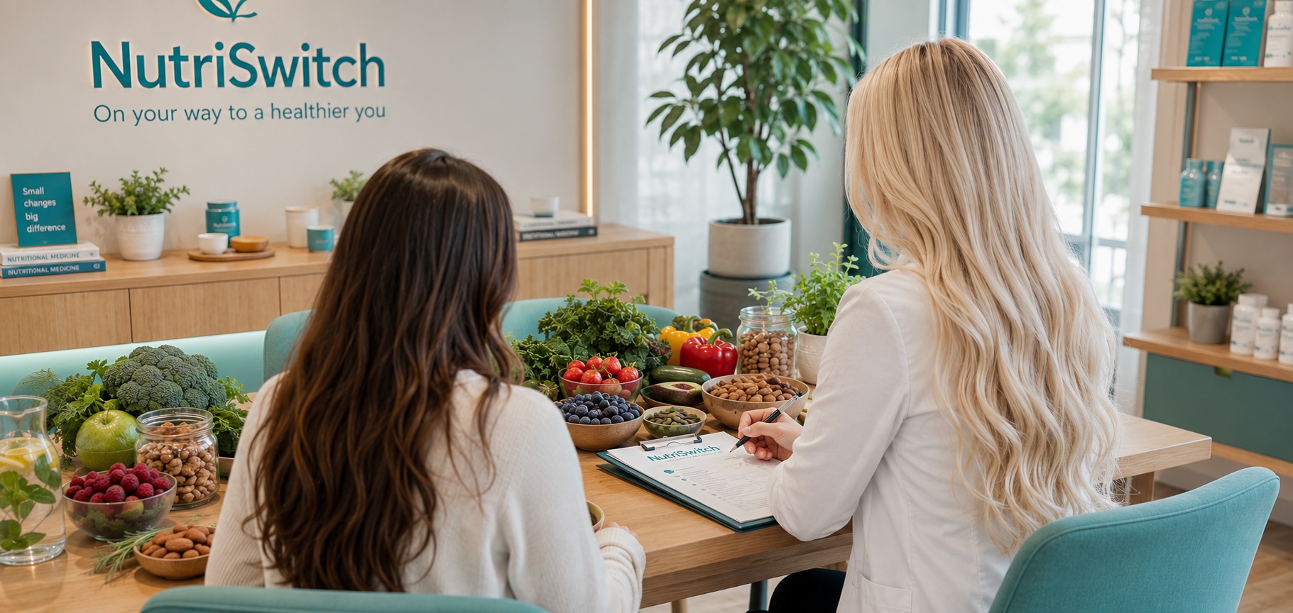 therapeut die een client van informatie voorziet over voeding en leefstijl door NutriSwitch