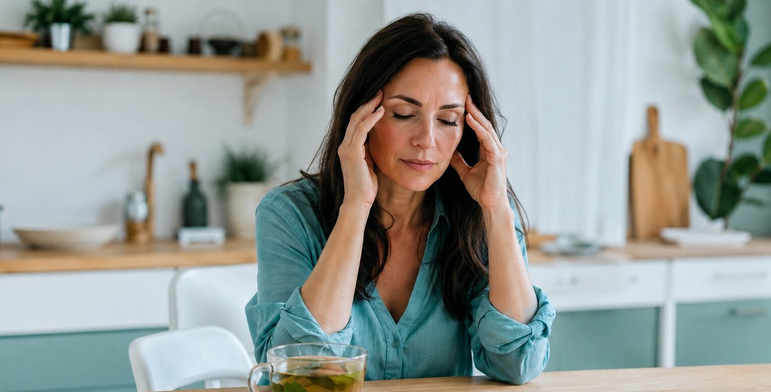 Vrouw met langdurige onverklaarbare vermoeidheidsklachten aan een tafel met gezonde voeding.